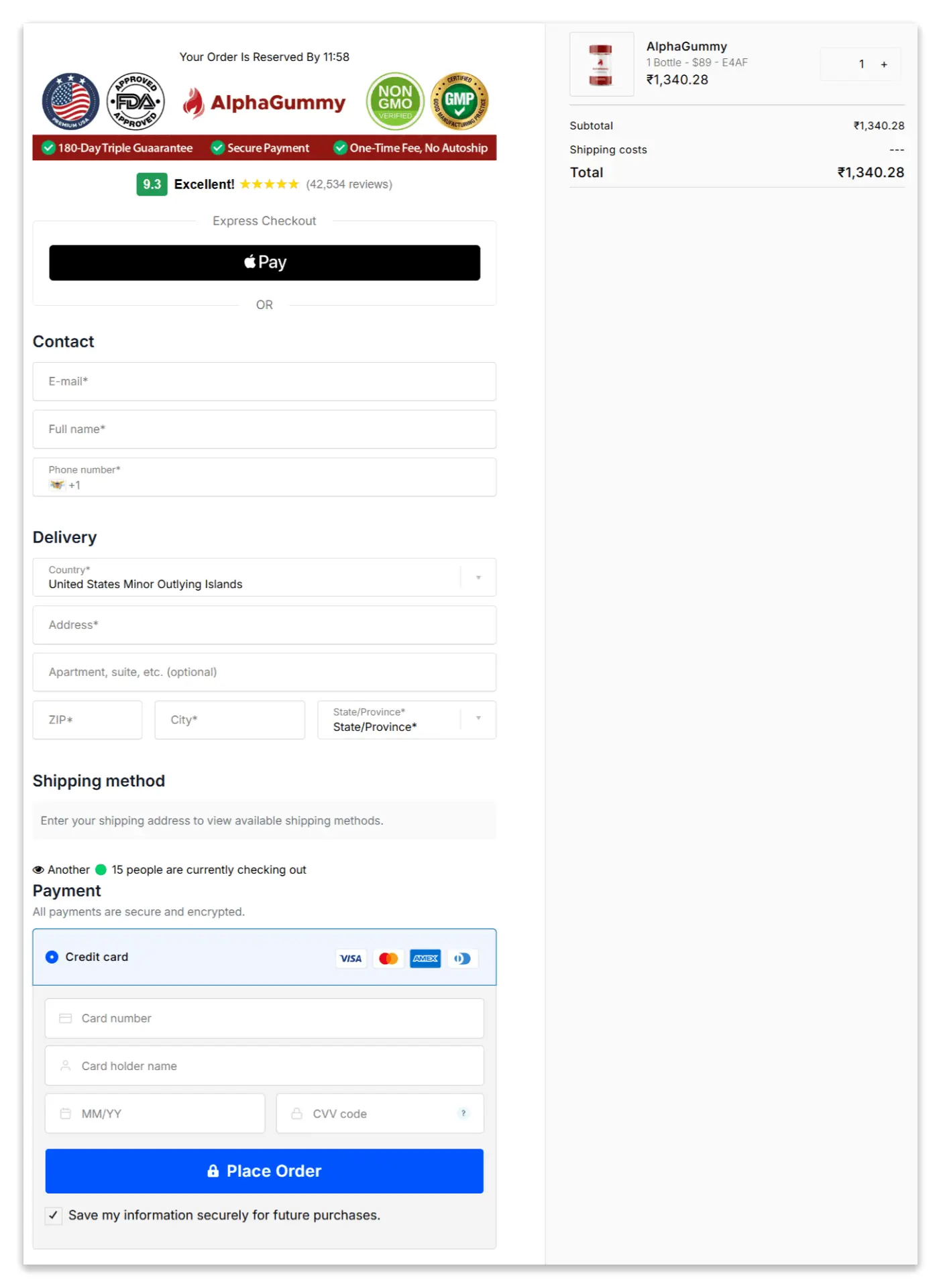 Alpha Gummies checkout page